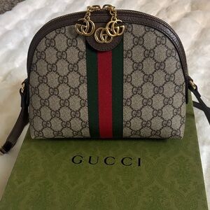 Gucci Beige and Brown Crossbody Bag with Red and Green Stripe